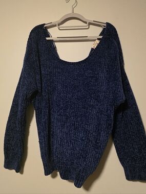 Royal Blue Chenille Knit Sweater Twisted Open Back